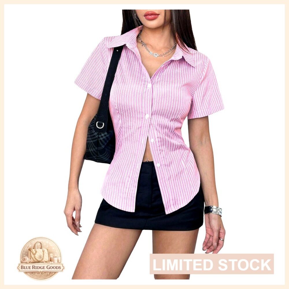 Striped Short Sleeve Button Down Blouse Fitted Collared Business Work Chic